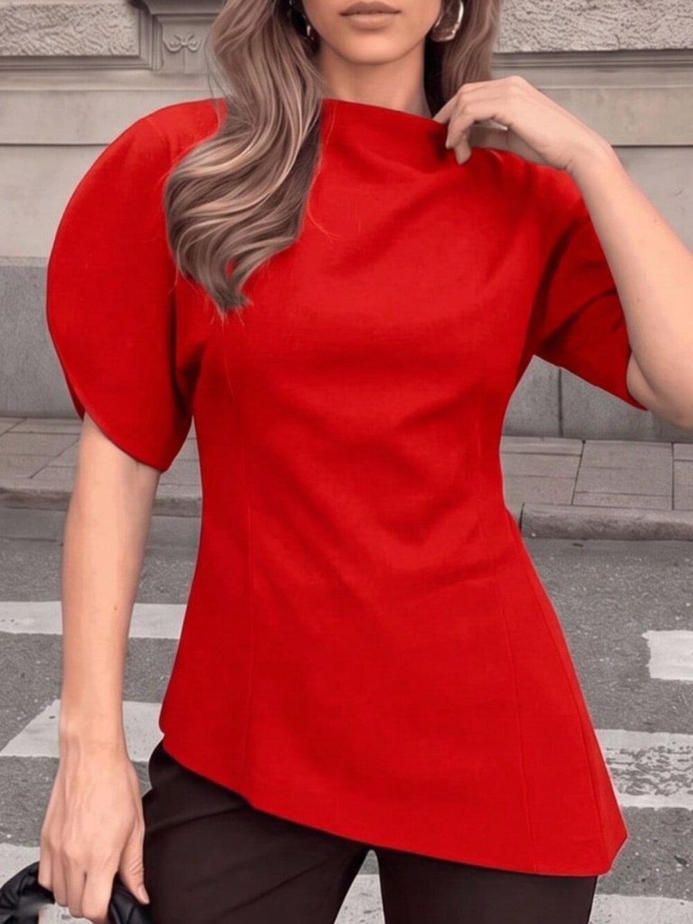 Red Puff Sleeve Casual Women's boat Neck Asymmetric Hem Blouse